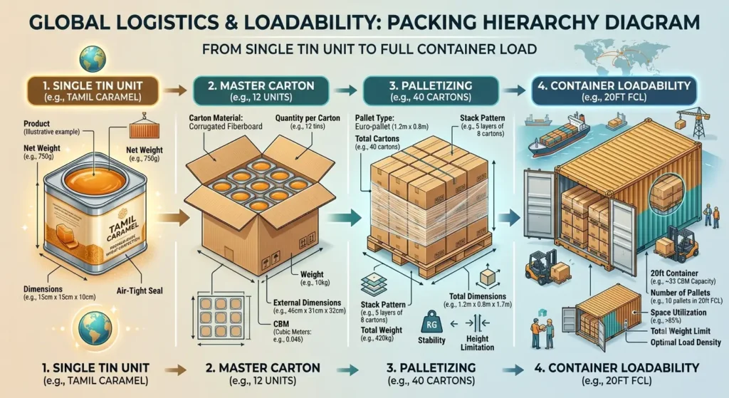 A logistics and loadability infographic diagram for Tamil Caramel demonstrating the four-step export packing hierarchy. The visual details the progression from a single hermetic tin unit, to a corrugated master carton, to an optimized pallet stack, and finally to a fully loaded 20-foot shipping container for international B2B export.