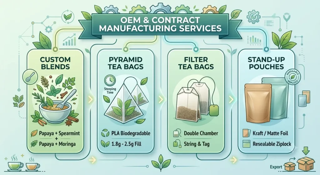 An infographic showcasing the OEM and contract manufacturing services available for tea products. The main categories include: Custom Blends (e.g., Papaya + Spearmint, Papaya + Moringa), Pyramid Tea Bags (PLA Biodegradable, 1.8g - 2.5g fill), Filter Tea Bags (Double Chamber, String & Tag), and Stand-Up Pouches (Kraft / Matte Foil, Resealable Ziplock). The design uses a clean green and teal color scheme with illustrative icons and background manufacturing elements.
