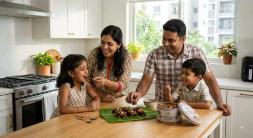 A happy family enjoying authentic coconut milk Muscoth Halwa served on a fresh banana leaf, produced by Passaro Foods, a leading Wholesale Muscoth Halwa Manufacturer.
