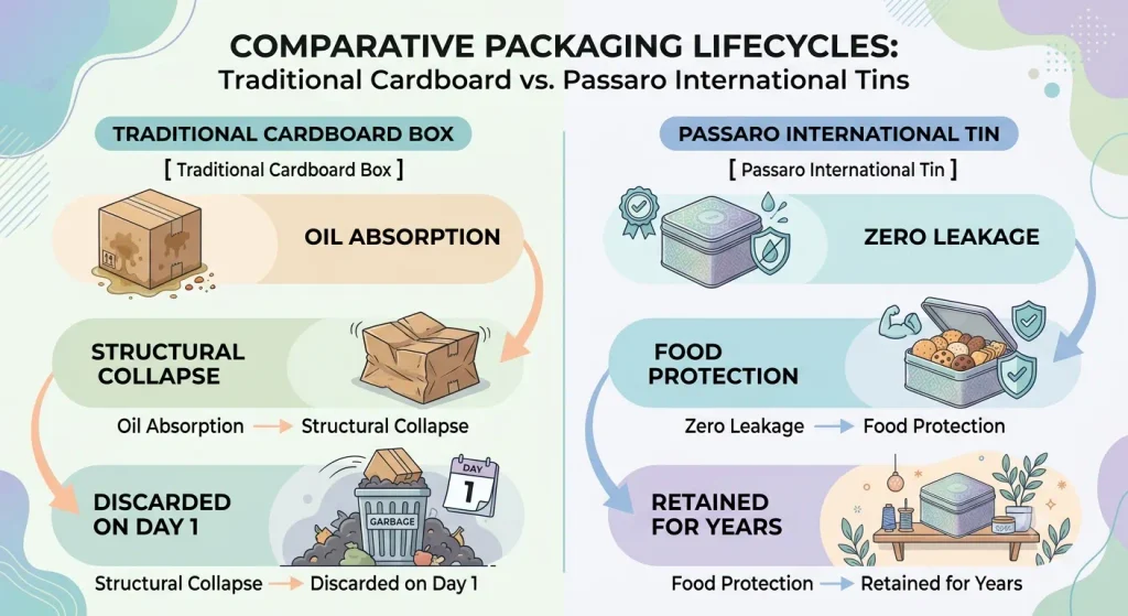 Infographic comparing traditional cardboard packaging with Passaro International corporate sweet tin boxes in Chennai for Diwali and Ayudha Pooja gifting.