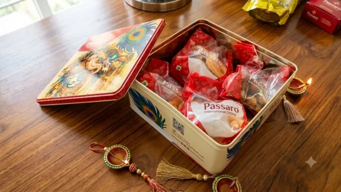 Customised corporate sweet tin box by Passaro International with custom logo packaging on a premium wooden table in Chennai.
