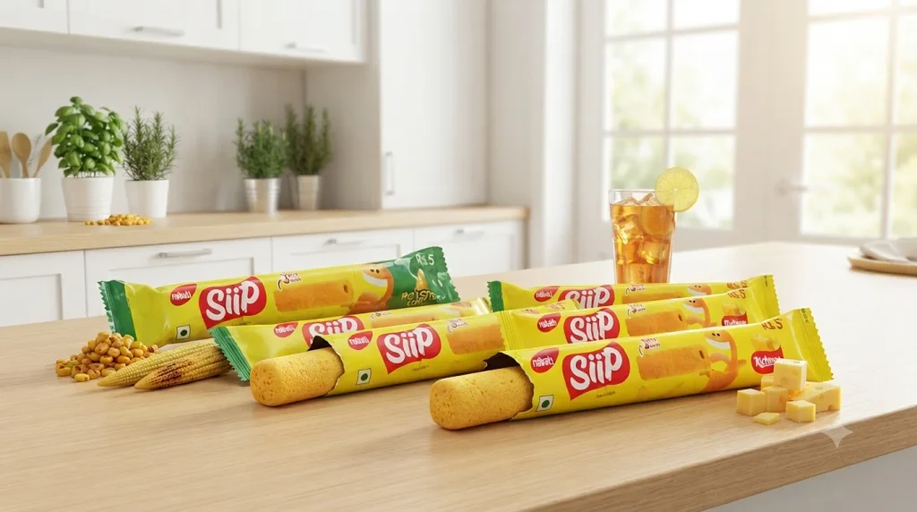 A bright, modern kitchen countertop holds a promotional display of Nabati Siip crunchy stick snacks. On the left, a green and yellow Nabati Siip Roasted Corn pack sits next to a small bowl of corn kernels and baby corn cobs. On the right, a yellow Nabati Siip Cheese pack sits next to a pile of cheese cubes. In the center, two additional Siip packs are partially opened, revealing the porous, golden-brown texture of the long snack sticks emerging from the packaging. A tall glass of iced tea with a lemon slice sits in the background. The entire scene is bathed in natural light from a window.