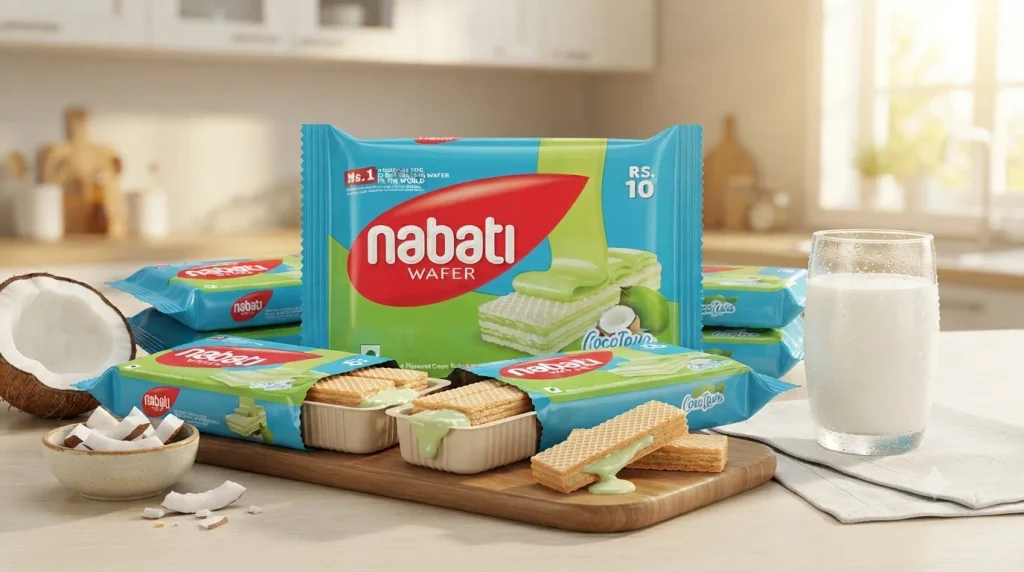 Nabati CocoLava coconut cream wafer biscuit packs served with fresh milk and coconut-themed elements in a bright modern kitchen.