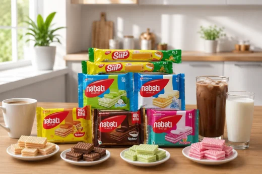 Nabati Wafer Biscuit Wholesale Supplier showcasing multiple Nabati wafer biscuit flavours and Siip snacks with hot coffee, iced coffee and milk in a modern kitchen environment.
