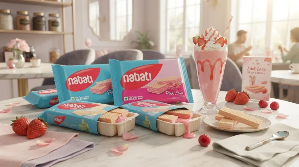 PinkLava biscuit packs displayed with a strawberry milkshake and pink wafer biscuits in a vibrant café-style setting.