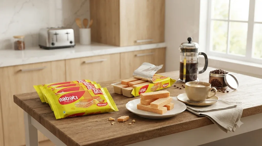 Nabati Richeese cheese-flavoured wafer biscuit packs displayed on a modern table with hot tea and crispy cheese wafers in a bright kitchen setting.