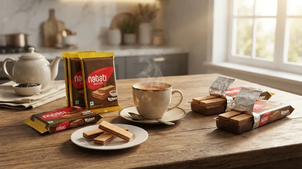Nabati Richoco chocolate cream wafer biscuit packs arranged beside a cup of coffee with chocolate wafer pieces in a modern kitchen environment.