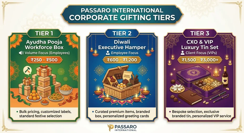 An infographic detailing three Passaro International Corporate Gifting Tiers for Indian festivals. Tier 1: Ayudha Pooja Workforce Box (₹250-₹500), a volume-focused box for employee gifts with customized labels and traditional sweets. Tier 2: Diwali Executive Hamper (₹600-₹1,200), an employee-focused hamper with curated premium items, branded boxes, and personalized greeting cards. Tier 3: CXO & VIP Luxury Tin Set (₹1,500-₹3,000+), a client-focused luxury tin with a bespoke selection of high-end sweets, a premium tin, and personalized VIP service. The Passaro International logo is visible.