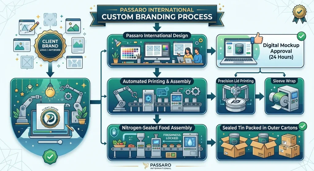 Flowchart infographic illustrating Passaro International's custom branding workflow for corporate sweet tin boxes, covering client artwork submission, 24-hour digital mockup approval, precision lid printing or sleeve wrapping, nitrogen-sealed food assembly, and final carton packaging.