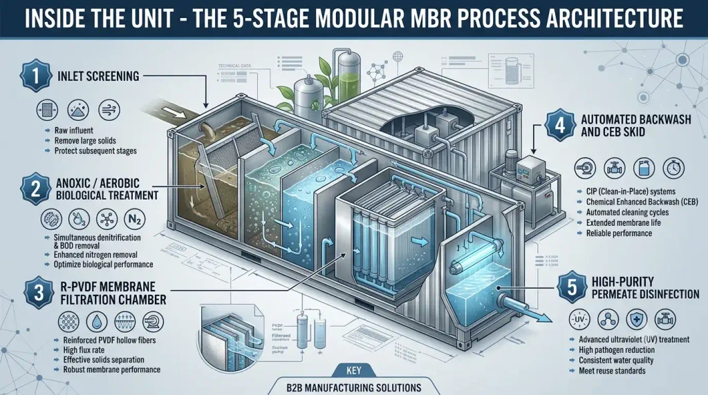 Technical diagram showing the 5-stage modular MBR process architecture inside a containerized wastewater treatment plant, including inlet screening, biological treatment, R-PVDF membrane filtration, backwash skid, and UV permeate disinfection.