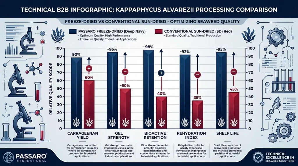 Infographic chart by Passaro International, a leading Bulk Freeze Dried Kappaphycus alvarezii SeaWeed Manufacturer comparing freeze-dried vs sun-dried quality metrics.
