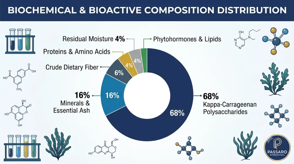 Infographic donut chart by Passaro International, a leading Bulk Freeze Dried Kappaphycus alvarezii SeaWeed Manufacturer, showing 68% Kappa-Carrageenan polysaccharide yield and bioactive breakdown.