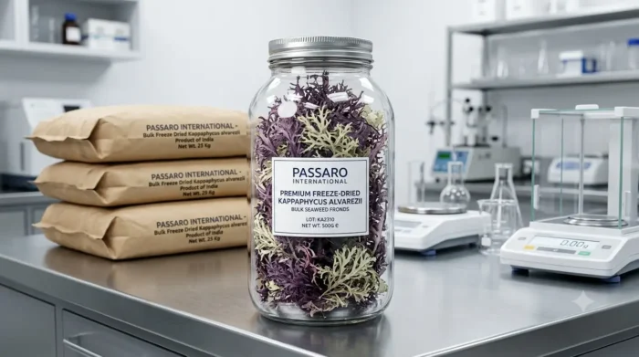 Passaro International - Premier Bulk Freeze Dried Kappaphycus alvarezii SeaWeed Manufacturer in Chennai, India displaying raw freeze-dried seaweed fronds and export packaging.