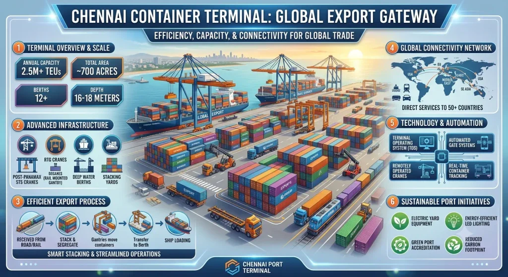 An infographic titled 'CHENNAI CONTAINER TERMINAL: GLOBAL EXPORT GATEWAY[cite: 6],' illustrating the six pillars of the port's modern infrastructure. The central illustration shows multiple container ships being loaded by large cranes among thousands of stacked colorful shipping containers[cite: 6]. The numbered panels describe: (1) Terminal Overview & Scale with stats like 2.5M+ TEU capacity and ~700 acres; (2) Advanced Infrastructure including post-panamax STS cranes and deep water berths; (3) An Efficient Export Process from road/rail to ship loading; (4) A Global Connectivity Network map with direct services to over 50 countries; (5) Technology & Automation systems like TOS and real-time tracking; and (6) Sustainable Port Initiatives for electric equipment and green accreditation[cite: 6]. It details the modern facility supporting seamless global logistics and streamlined operations from Chennai, India, which is critical for contract manufacturers seeking efficient large-scale exports, such as OEM Chocolate Millet Drink Powder, to global markets[cite: 6].