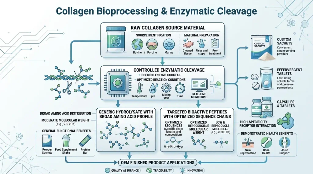 Bioprocessing diagram for Marine Collagen Peptides OEM Manufacturer showing controlled enzymatic cleavage of raw collagen into generic hydrolysates and targeted bioactive peptides with specific molecular weights.