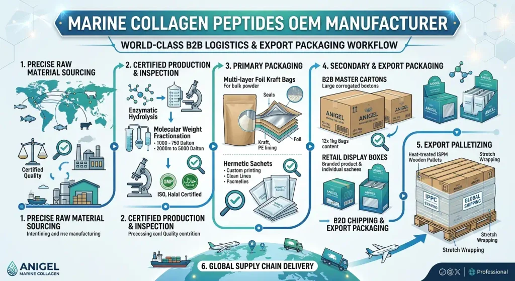 Export packaging and logistics infographic illustrating primary foil bags, secondary corrugated master cartons, and ISPM heat-treated export palletizing.