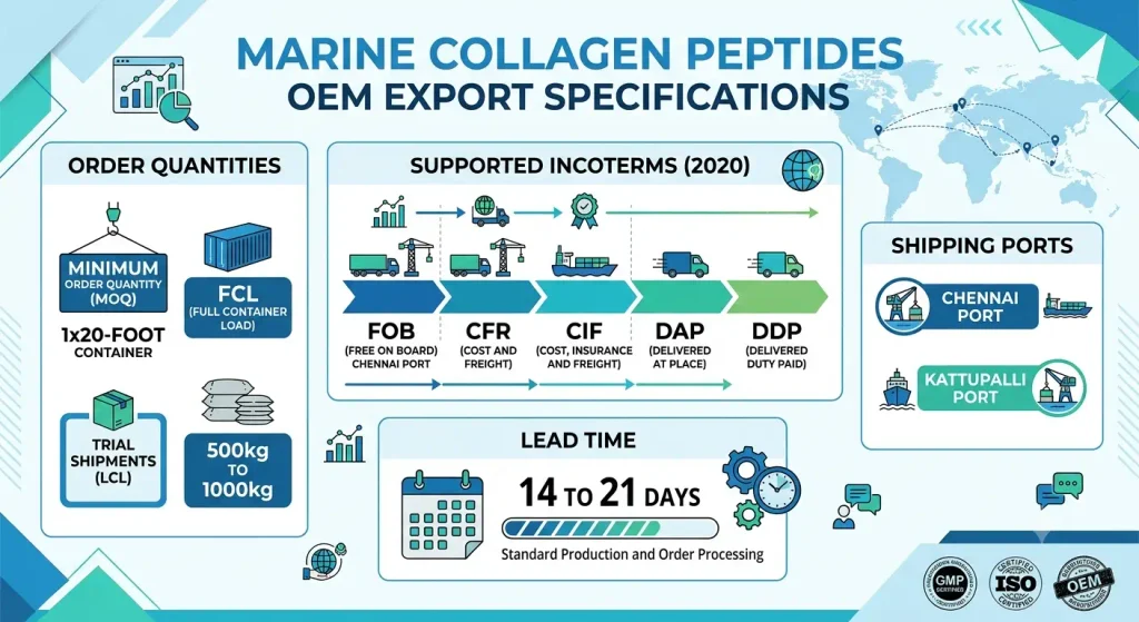 Global export specifications infographic highlighting container MOQ, trial LCL shipments, INCOTERMS, Chennai and Kattupalli ports, and production lead times.