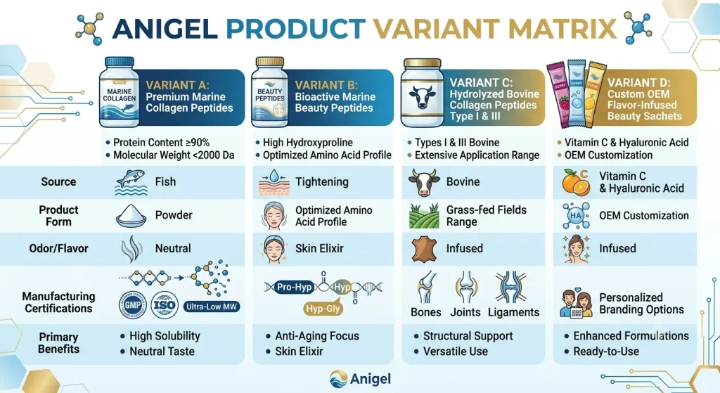 Product variant matrix infographic for Marine Collagen Peptides OEM Manufacturer comparing premium marine peptides, bioactive marine beauty peptides, bovine collagen peptides, and custom OEM flavor-infused sachets.