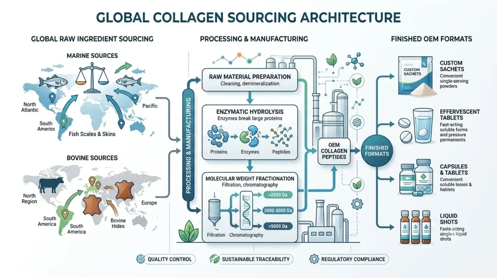 Global supply chain architecture diagram for Marine Collagen Peptides OEM Manufacturer showing sustainable raw marine harvesting, enzymatic hydrolysis, molecular weight fractionation, and finished private-label packaging formats.