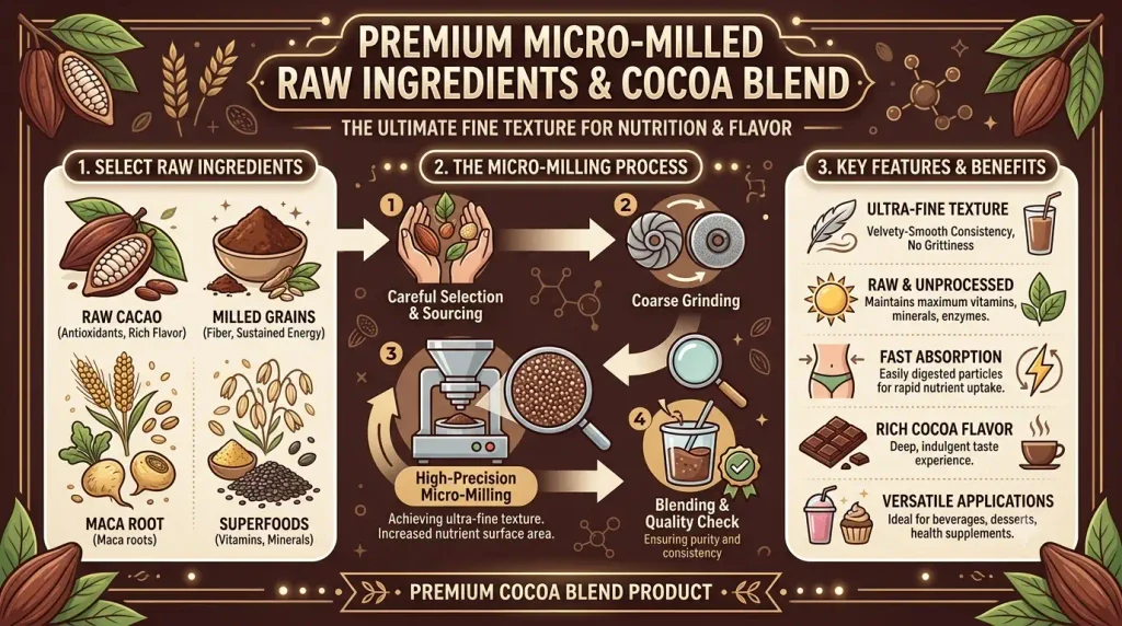 An infographic titled "PREMIUM MICRO-MILLED RAW INGREDIENTS & COCOA BLEND: THE ULTIMATE FINE TEXTURE FOR NUTRITION & FLAVOR." The graphic is divided into three main panels. The first panel, "1. SELECT RAW INGREDIENTS," features illustrations of raw cacao, milled grains, maca root, and superfoods, listing benefits like antioxidants, fiber, and vitamins. The second panel, "2. THE MICRO-MILLING PROCESS," shows a four-step flow-chart: careful selection, coarse grinding, high-precision micro-milling (for fine texture and increased nutrient surface area), and a final blending & quality check. The third panel, "3. KEY FEATURES & BENEFITS," details five points with icons: ultra-fine texture (velvety-smooth consistency, no grittiness), raw & unprocessed (maintaining vitamins, minerals, enzymes), fast absorption (easily digested particles for rapid nutrient uptake), rich cocoa flavor (deep, indulgent taste), and versatile applications (ideal for beverages, desserts, health supplements). The overall style is modern and educational, using warm brown and natural tones, with a footer banner that says "PREMIUM COCOA BLEND PRODUCT."
