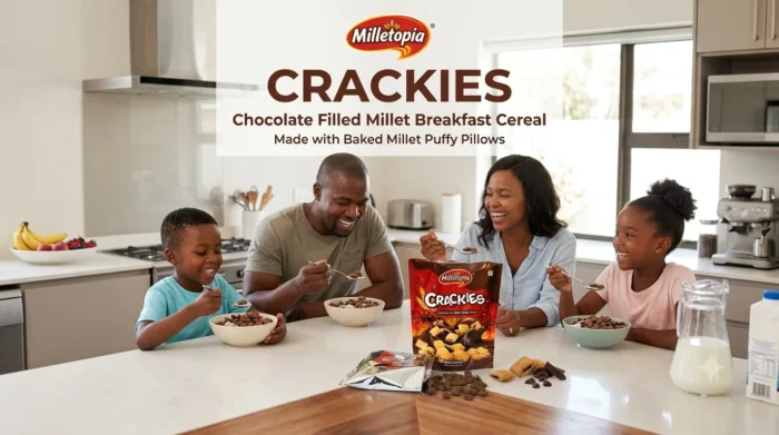 A happy family sitting in a modern kitchen enjoying bowls of OEM Chocolate Filled Millet Cereal with milk, featuring the product packaging and a white ceramic plate showcasing the chocolate-filled millet puff snacks in the foreground.