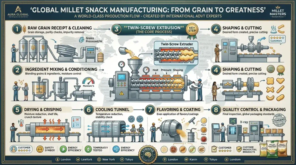 Infographic detailing the step-by-step manufacturing process for OEM Chocolate Filled Millet Cereal, featuring twin-screw extrusion, core filling, and private label packaging.