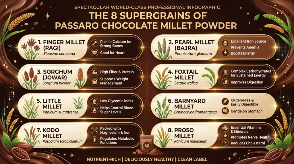 An infographic detailing the 8 supergrains formulated into Passaro International's OEM Chocolate Millet Drink Powder. The graphic highlights the specific nutritional benefits of Finger Millet (Ragi), Pearl Millet (Bajra), Sorghum (Jowar), Foxtail Millet, Little Millet, Barnyard Millet, Kodo Millet, and Proso Millet, emphasizing functional health properties like high calcium, iron, complex carbohydrates, and a low glycemic index for a clean-label beverage.