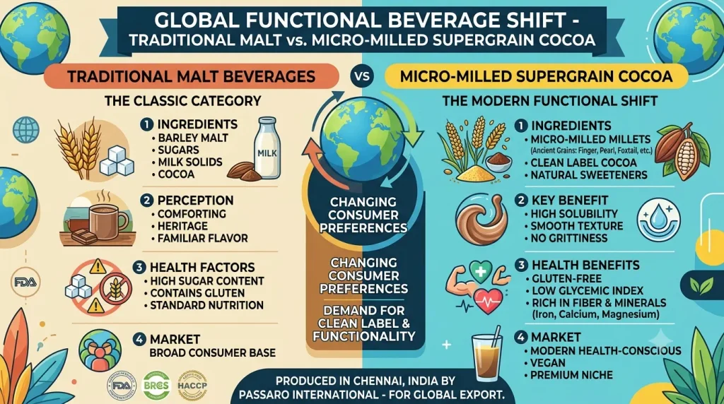 An infographic comparing 'Traditional Malt Beverages' with 'Micro-Milled Supergrain Cocoa,' explicitly defined in the chart as a clean-label OEM Chocolate Millet Drink Powder. The graphic details differences in ingredients (malted barley vs. ancient grains like finger millet and pearl millet), user benefits (familiar comfort flavor vs. high solubility and no grittiness), health factors (high sugar and fat content vs. gluten-free, low-glycemic index, and mineral-rich profiles), and market reach (broad consumer base vs. modern health-conscious and premium niches). The infographic highlights the shift in consumer preferences toward clean labels and nutrient-dense products, and concludes with a definitive note: 'PRODUCED IN CHENNAI, INDIA BY PASSARO INTERNATIONAL - FOR GLOBAL EXPORT,' including certification logos like FSSAI, FDA, GMP, HACCP, Halal.