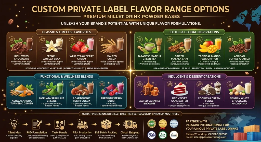 An infographic detailing custom private label flavor range options for OEM Chocolate Millet Drink Powder and ancient grain beverage bases by Passaro International. The graphic displays four flavor categories: Classic Favorites (Rich Swiss Chocolate, French Vanilla, Wild Strawberry, Malted Cocoa), Exotic Inspirations (Matcha Green Tea, Spiced Masala Chai, Tropical Mango, Coffee Arabica), Functional & Wellness Blends (Ashwagandha Turmeric, Moringa Greens, Adaptogenic Reishi Cocoa, Prebiotic Berry), and Indulgent Dessert Creations (Salted Caramel, Red Velvet, Cookies & Cream, White Chocolate Macadamia). It highlights a 6-step OEM development workflow from client idea to global export shipping out of Chennai, accompanied by FSSAI, US FDA, GMP, HACCP, and Halal certification seals.