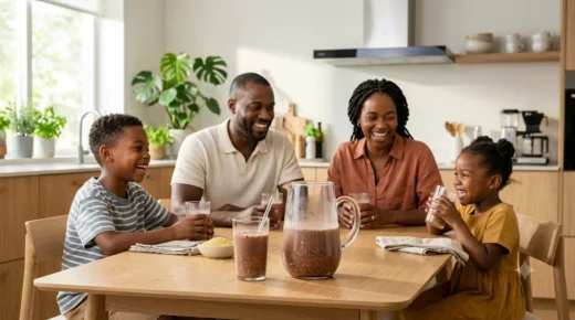 A happy African family enjoying nutritious OEM Chocolate Millet Drink Powder together in a modern, sunlit dining hall. Clear glasses and a pitcher show the rich chocolate texture with visible suspended millet grains.