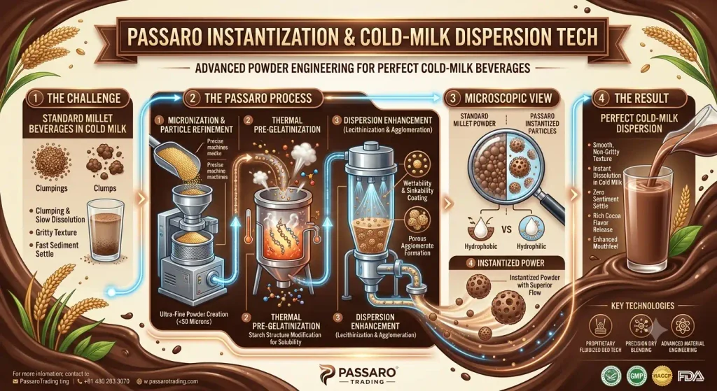 An infographic illustrating the Passaro Instantization and Cold-Milk Dispersion Technology used to manufacture OEM Chocolate Millet Drink Powder. It details the advanced powder engineering process, including micronization to under 50 microns, thermal pre-gelatinization, and dispersion enhancement. A microscopic view compares standard hydrophobic clumps with Passaro's hydrophilic instantized particles, resulting in a smooth, non-gritty beverage that dissolves instantly in cold milk.