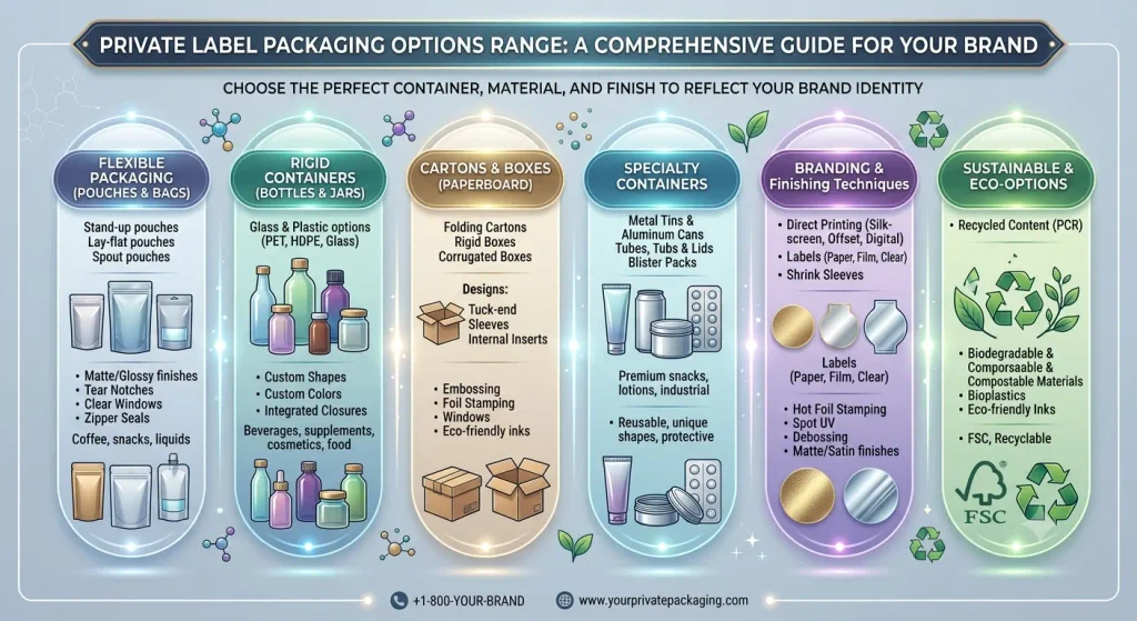 An infographic titled 'PRIVATE LABEL PACKAGING OPTIONS RANGE: A COMPREHENSIVE GUIDE FOR YOUR BRAND,' showcasing custom container formats and finishing options available for B2B contract manufacturing.