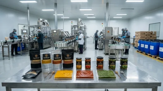 OEM curry paste manufacturer India facility displaying TamilCrew ready-to-cook pouches, glass jars, and mother gravy tasting trays.