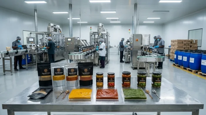 OEM curry paste manufacturer India facility displaying TamilCrew ready-to-cook pouches, glass jars, and mother gravy tasting trays.