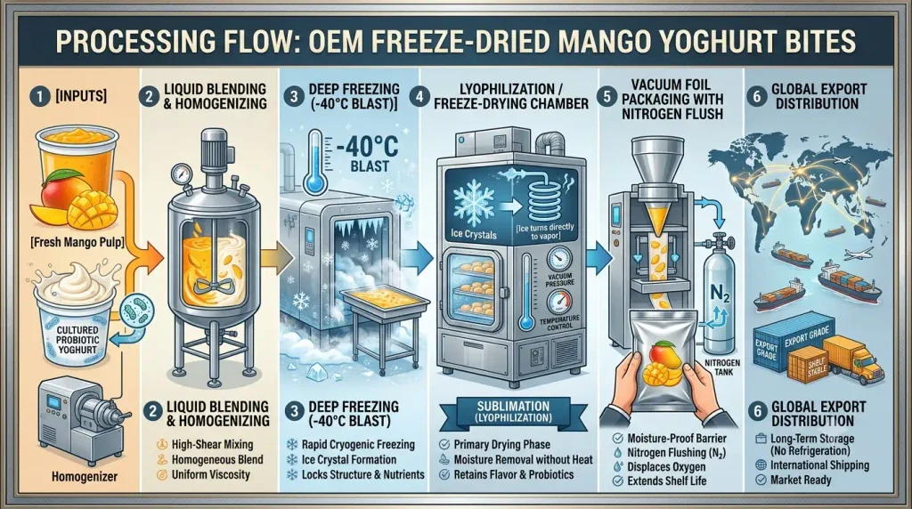 Infographic showing the step-by-step manufacturing process of OEM Freeze-Dried Mango Yoghurt Bites from fresh mango pulp to global export distribution by Passaro International.