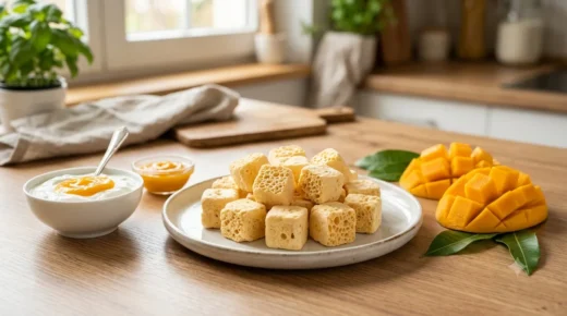 A plate of cubic, porous, freeze-dried mango yogurt bites on a wooden kitchen counter, accompanied by a bowl of Greek yogurt with mango puree and a fresh halved and scored mango.