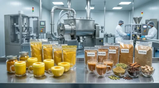OEM Golden Milk manufacturer in India facility displaying TamilCrew turmeric latte mugs, tea masala pouches, and spice ingredients.