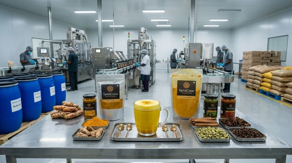 OEM Golden Milk manufacturer in India facility showcasing a vibrant turmeric latte blend in a glass mug surrounded by high-barrier packaging and raw ingredients.