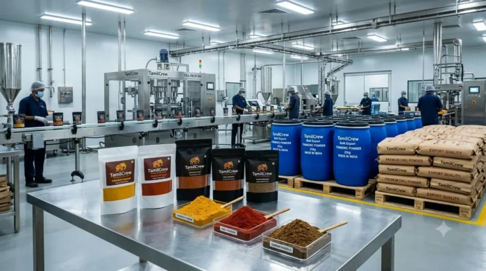 OEM spice blend manufacturer India facility showing TamilCrew private label packaging, bulk export drums, and custom masala powders.