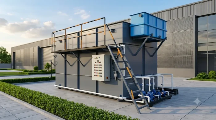Packaged Containerized MBR System unit with R-PVDF membrane technology and integrated control panel installed at a modern industrial facility.