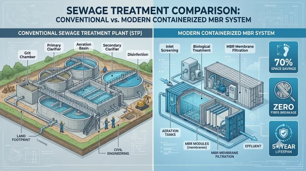 Comparison infographic showing Packaged Containerized MBR Systems vs conventional sewage treatment plants, highlighting 70% space savings, zero fiber breakage, and 5-year membrane lifespan.