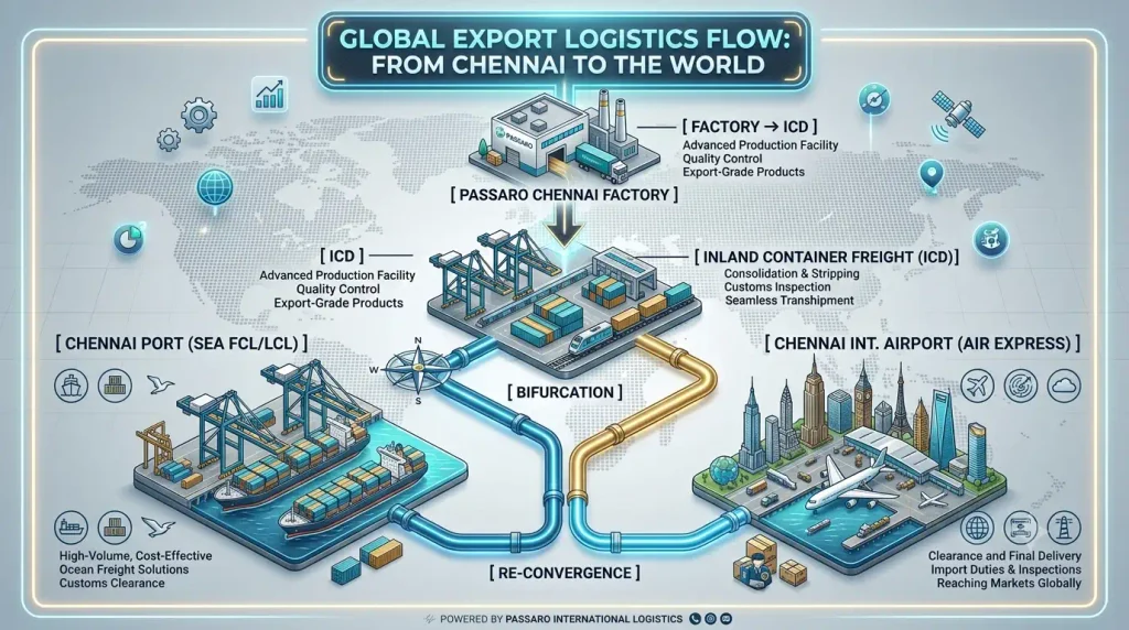 A comprehensive B2B infographic visualizing the Global Export Logistics Flow from the Passaro Chennai Factory. The flow illustrates the multi-modal journey: starting at the Chennai facility, moving to the Inland Container Freight (ICD), and then bifurcating into two primary export pathways: Chennai Port for Sea Freight (FCL/LCL) and Chennai International Airport for Air Express. Both paths reconverge at the final destination for Global Customs Clearance and Port operations, set against a glowing world map background with maritime and aviation symbols.