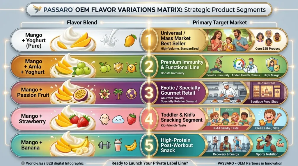 An advanced B2B infographic visualization of the 'PASSARO OEM FLAVOR VARIATIONS MATRIX,' detailing five strategic product segments: from Universal Mass Market 'Mango + Yoghurt' best-sellers to Premium Functional lines like 'Mango + Amla + Yoghurt' for immunity, 'Mango + Passion Fruit' for exotic retail, and optimized nutritional blends for Toddlers (Strawberry) and Sports Performance (Banana).