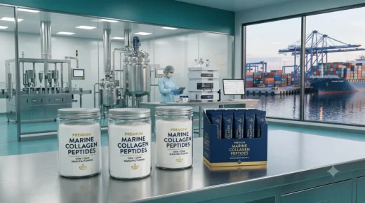 Three glass jars of white hydrolyzed marine collagen peptide powder and a display box of navy blue stick pack sachets on a stainless steel lab bench. In the background, a high-tech pharmaceutical cleanroom with automated equipment overlooks a bustling global shipping port, illustrating OEM/ODM manufacturing and international supply chain capabilities.